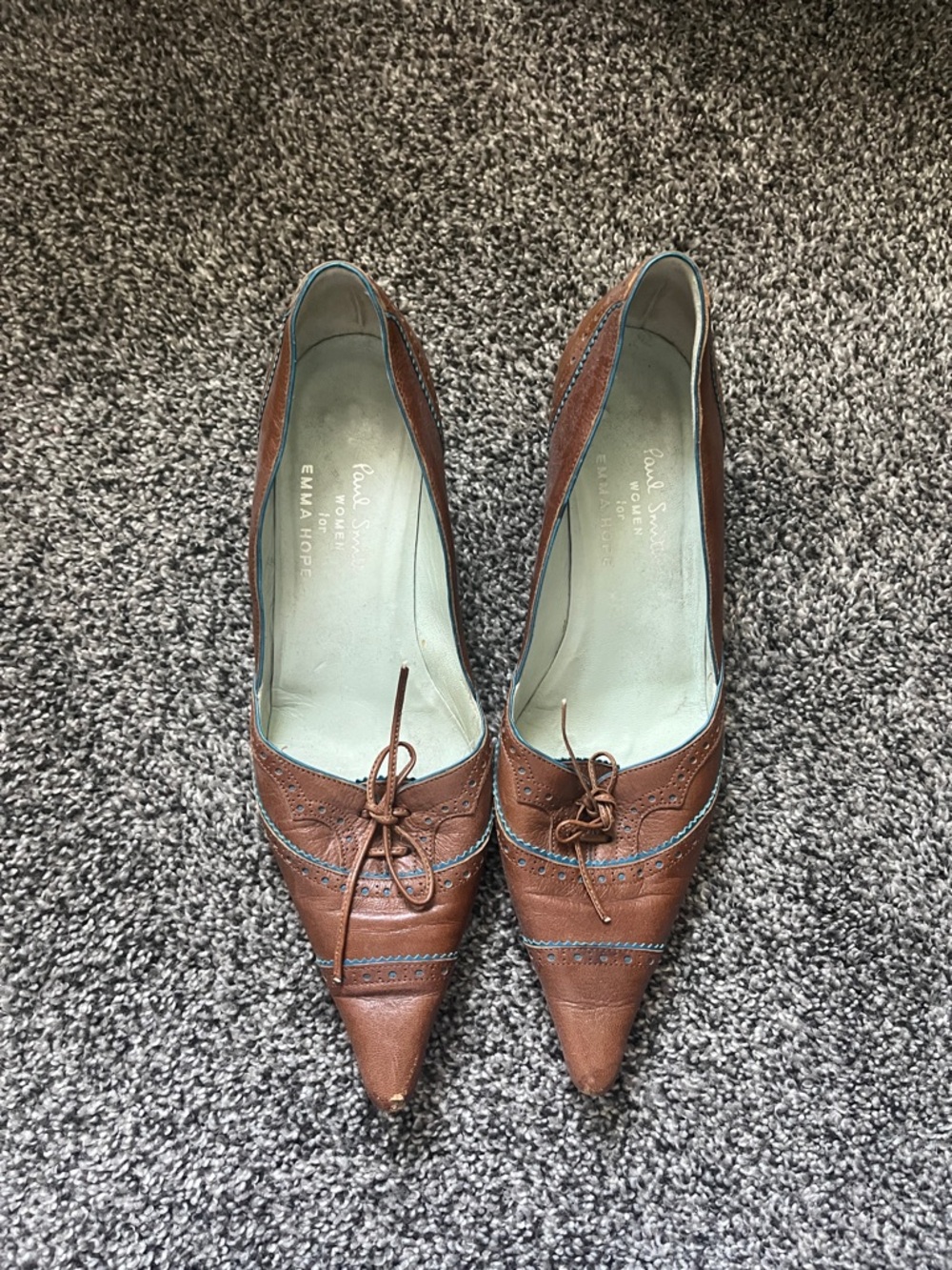 Paul Smith Brown Pointed Toe Leather Lace-Up Pumps with Teal Trim